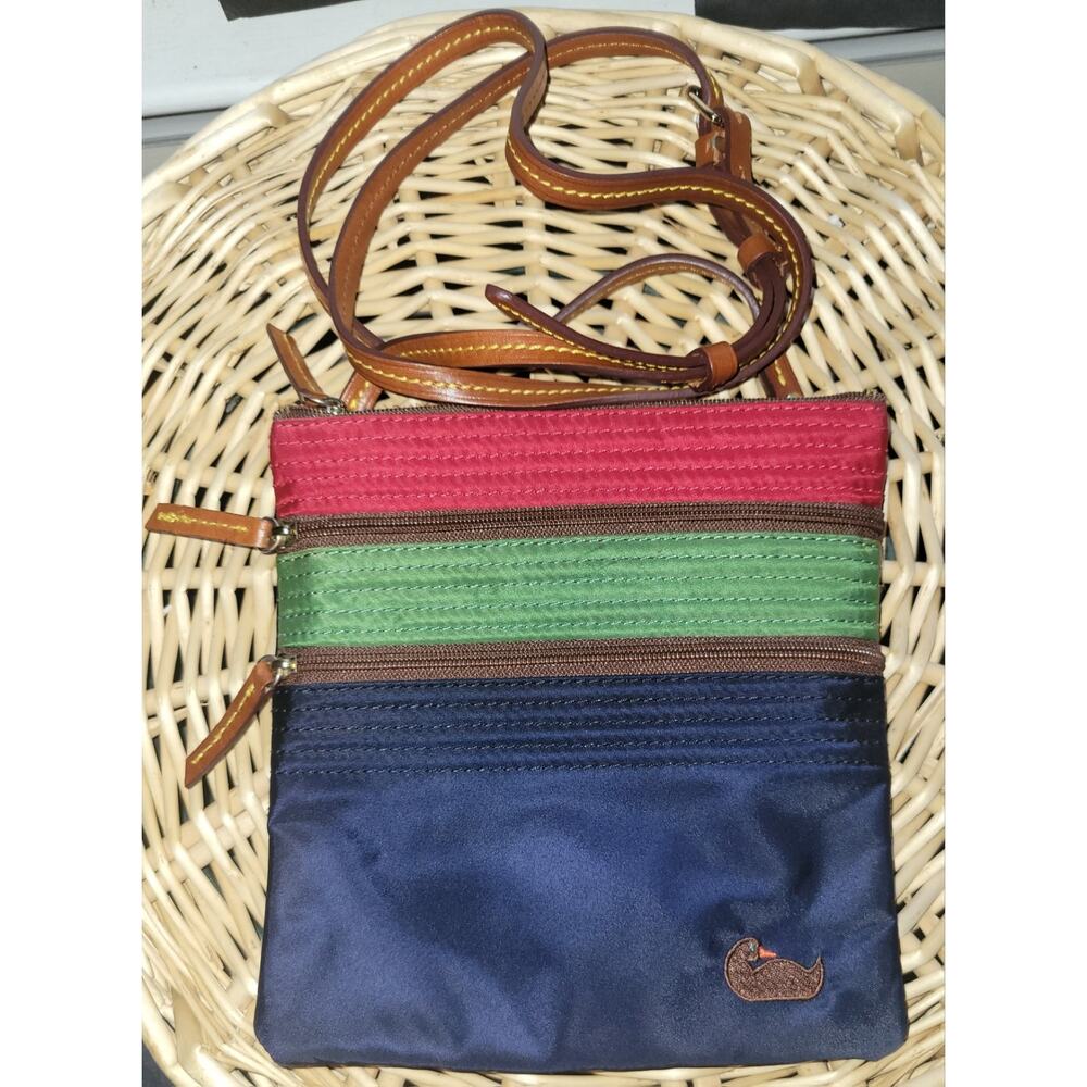 Dooney & Bourke Triple Zip Crossbody Bag Blue Red Green Leather Strap GC